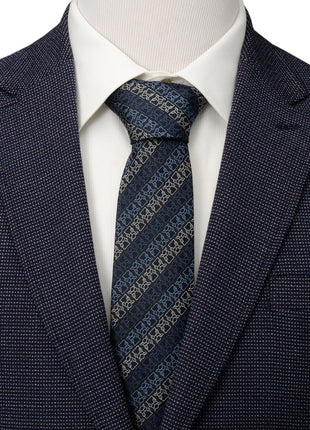Star Wars Grogu Outline Striped Navy Tie