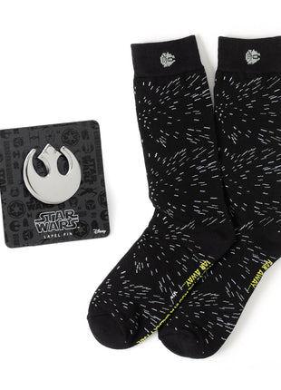 Star Wars Hyperspace Black Dress Socks and Rebel Crest Lapel Pin Gift Set