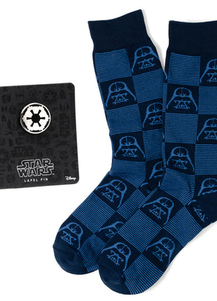 Star Wars Darth Vader Navy and Black Checkered Socks with Imperial Crest Lapel Pin Gift Set