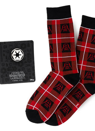 Star Wars Darth Vader Black and Red Plaid Dress Socks and Imperial Crest Lapel Pin Gift Set