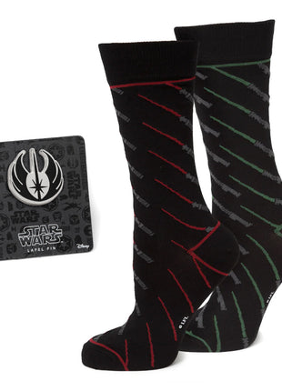 Star Wars Green and Red LIGHTSABER Pattern Black Dress Socks with Jedi Crest Lapel Pin Gift Set