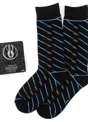 Star Wars Obi-Wan Kenobi Blue LIGHTSABER Pattern Black Dress Socks with Jedi Crest Lapel Pin Gift Set