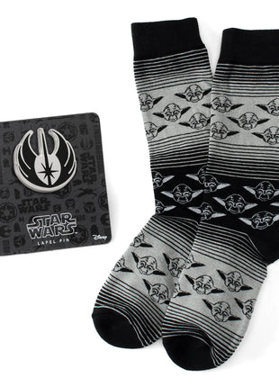 Star Wars Yoda Gray and Black Ombre Pattern Dress Socks with Jedi Crest Lapel Pin