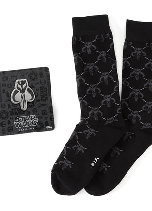 Star Wars Mandalorian Charcoal Gray Dress Socks and Mythosaur Lapel Pin Gift Set