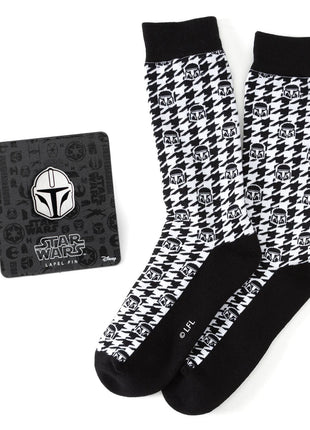 Star Wars Mandalorian Houndstooth Black and White Dress Socks and Lapel Pin Gift Set