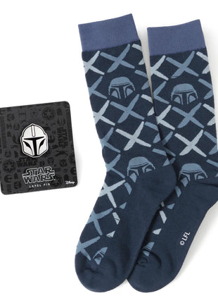 Star Wars Mandalorian Navy Checkered Dress Socks and Lapel Pin Gift Set