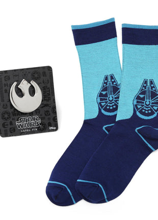 Star Wars Millennium Falcon Blue Mod Dress Socks and Rebel Crest Lapel Pin Gift Set