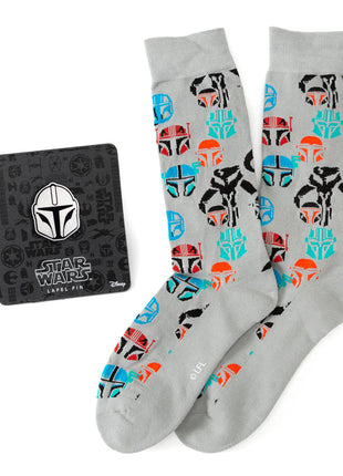 Star Wars Mandalorian and Mythosaur Multicolored Gray Dress Socks and Lapel Pin Gift Set