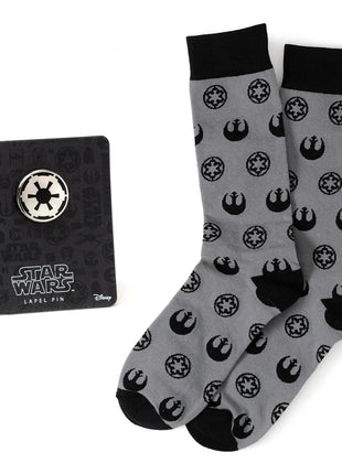 Star Wars Rebel Alliance Starbird Crest and Imperial Crest Gray Dress Socks and Lapel Pin Gift Set