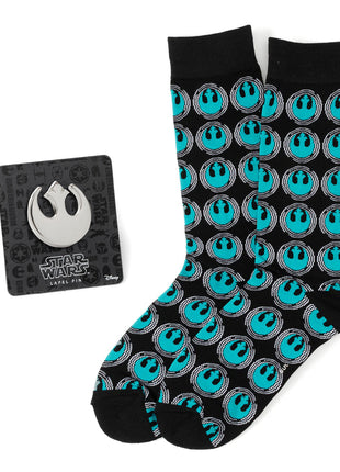 Star Wars Rebel Alliance Crest Teal and Black Dress Socks and Lapel Pin Gift Set