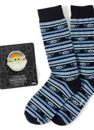 Star Wars Grogu Blue Striped Dress Socks and Lapel Pin Gift Set