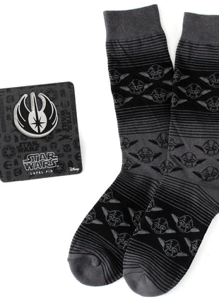 Star Wars Yoda Black Charcoal Dress Socks and Jedi Crest Lapel Pin Gift Set