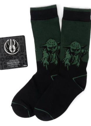 Star Wars Yoda Green Dress Socks and Jedi Order Crest Lapel Pin Gift Set
