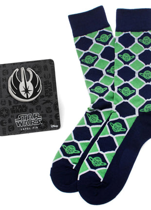Star Wars Yoda Green and Navy Checkered Dress Socks and Jedi Crest Lapel Pin Gift Set