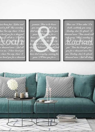 Wedding Song 3 Piece Canvas Set With Names Second Anniversary Gift
