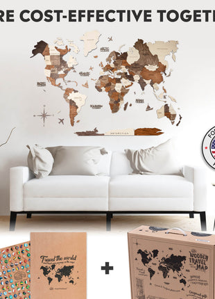 Wall Decor Bundle: 3D Wooden World Map with Flag Pins