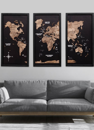 Triptych Wooden World Map (Dark Walnut)