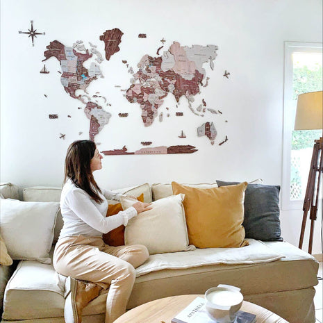 Travel Wall Decor Set: 3D Wooden Colored Map with Flag Pins