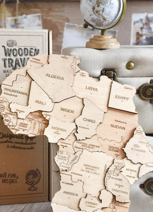 Wall Decor Bundle: 3D Wooden World Map with Flag Pins