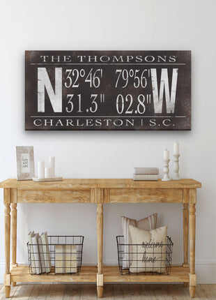 Personalized Family Name Latitude Longitude Coordinates Canvas Wall Decor