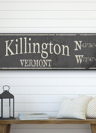 Personalized Rustic City Town Canvas Sign with Latitude Longitude Coordinates