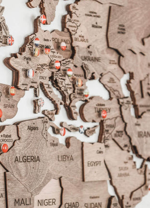 Wall Decor Bundle: 3D Wooden World Map with Flag Pins