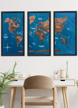 Triptych Wooden World Map (Dark Walnut)