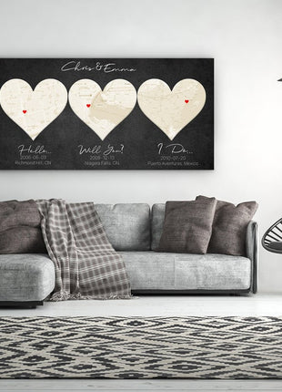 Ivory Custom 3 Heart Map - 14th Anniversary Gift