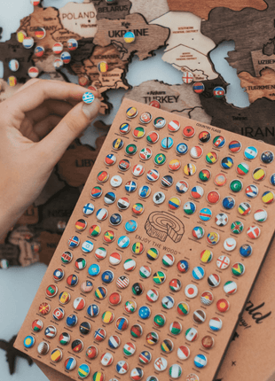 Wall Decor Bundle: 3D Wooden World Map with Flag Pins