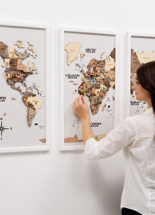 Triptych Wall Art - Wooden World Map (Smokey)