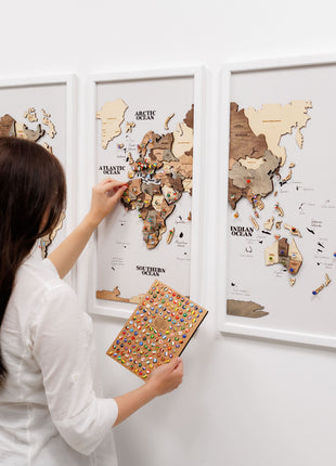 Triptych Wall Art - Wooden World Map (Smokey)