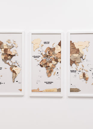 Triptych Wall Art - Wooden World Map (Smokey)