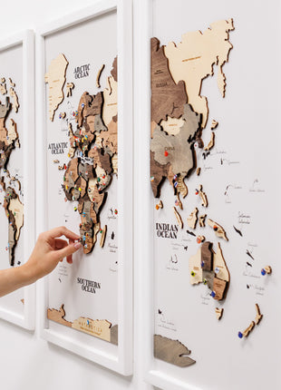 Triptych Wall Art - Wooden World Map (Smokey)