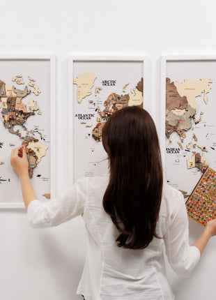 Triptych Wall Art - Wooden World Map (Smokey)