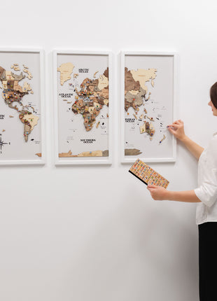 Triptych Wall Art - Wooden World Map (Smokey)