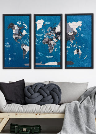 Triptych Wall Art - Wooden World Map (Nordik)