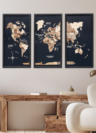 Triptych Wall Art - Wooden World Map (Smokey)
