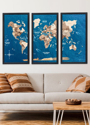 Triptych Wall Art - Wooden World Map (Smokey)