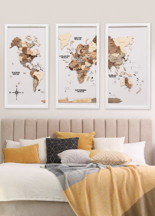 Triptych Wall Art - Wooden World Map (Smokey)