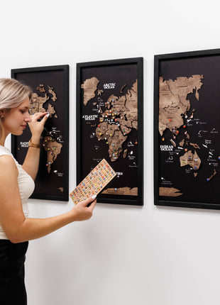 Triptych Wooden World Map (Dark Walnut)