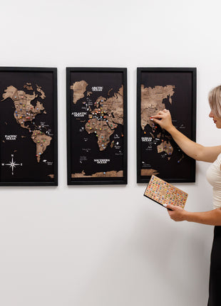 Triptych Wooden World Map (Dark Walnut)