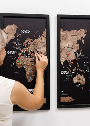 Triptych Wooden World Map (Dark Walnut)