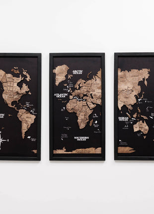 Triptych Wooden World Map (Dark Walnut)