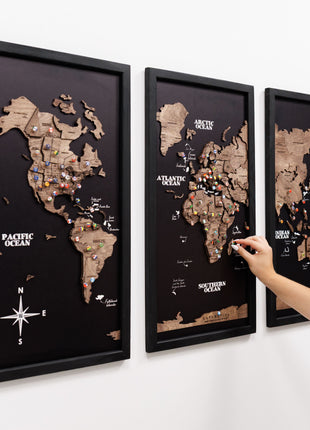 Triptych Wooden World Map (Dark Walnut)