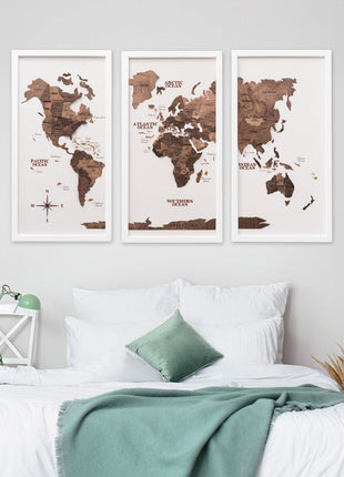 Triptych Wooden World Map (Dark Walnut)